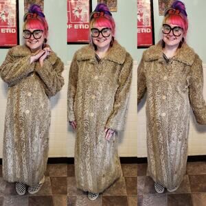 Vintage 90s Tan Faux Fur Shag Grunge Long Line Trench Coat Women's Size 10